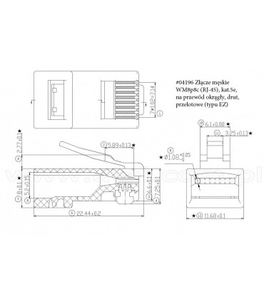 Kištukas telefono/interneto WM8P8C RD (RJ45) apvaliam viengysliui (kietam) CAT 5e kabeliui (su trim dantukais)